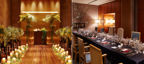 花が並べられたチャペルと長テーブルにカトラリーがセッティングされた個室
